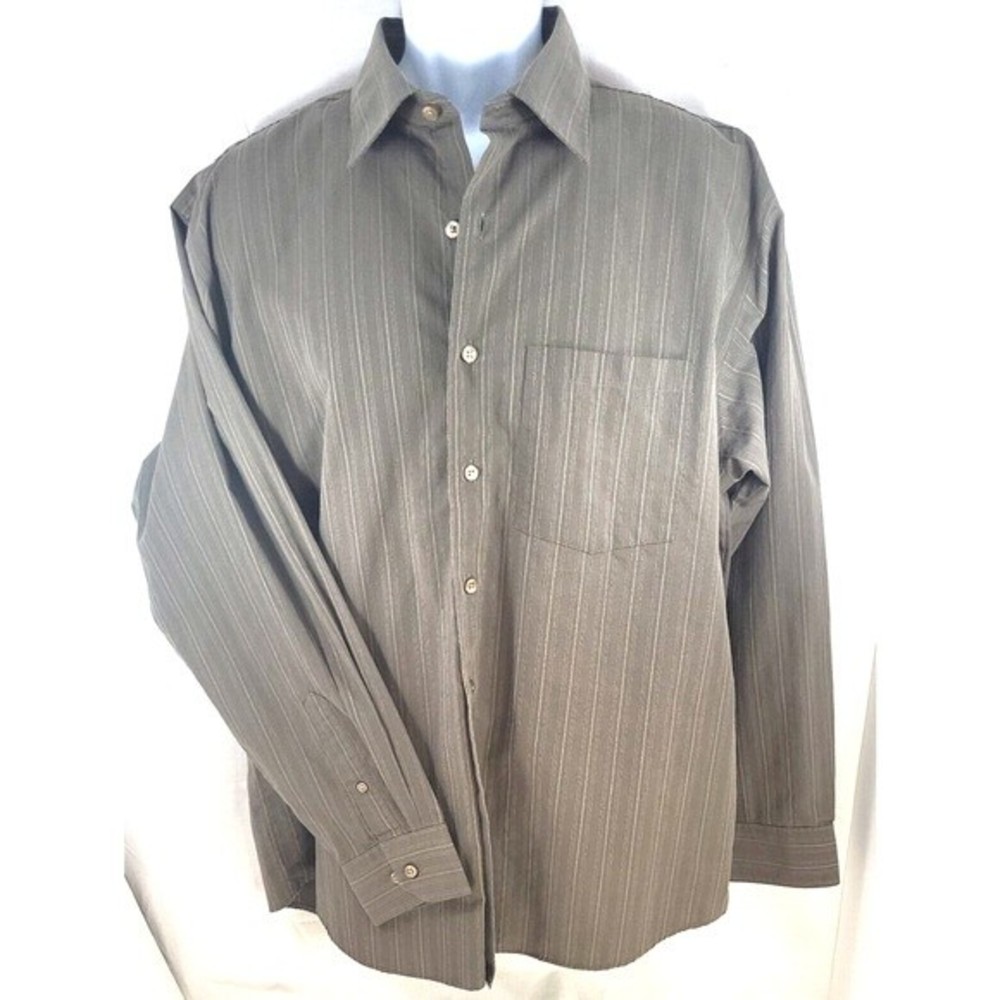 Van Heusen Studio Mens Large 16-16.5 No Iron Button Down Brown Pin Striped Shirt